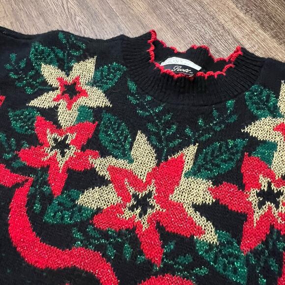Vtg Ugly Christmas Sweater Womens Medium Black Red Poinsettia Dana Scott 80s - Picture 3 of 6